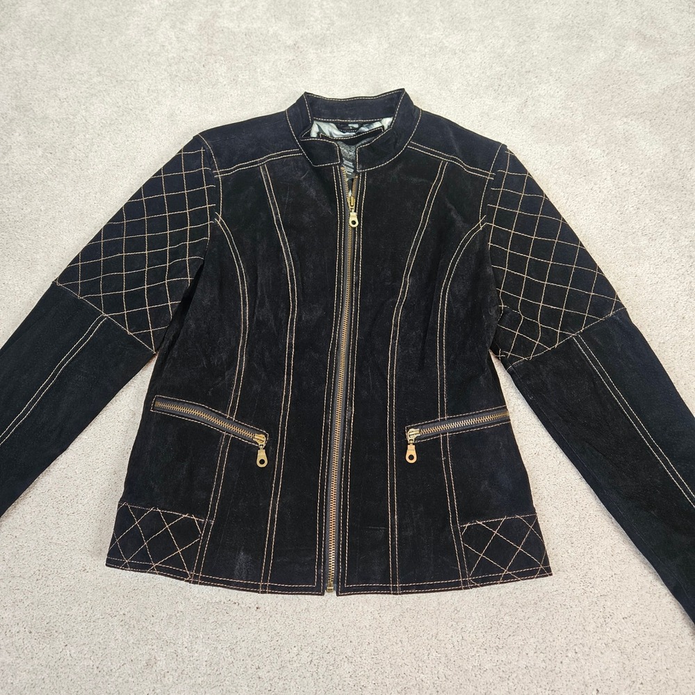 Live A Little Black Suede Quilted Moto‎ Inspired Leather Jacket Leopard Lined S